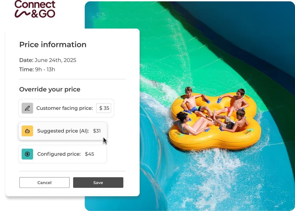 Water slide ride beside price adjusting options for June 24th, 2025, shown on interface.