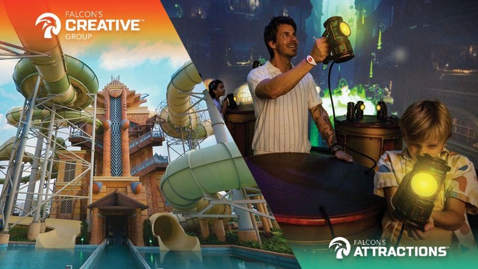 Water slides and people enjoying interactive attractions at Falcon's Creative Group complex.