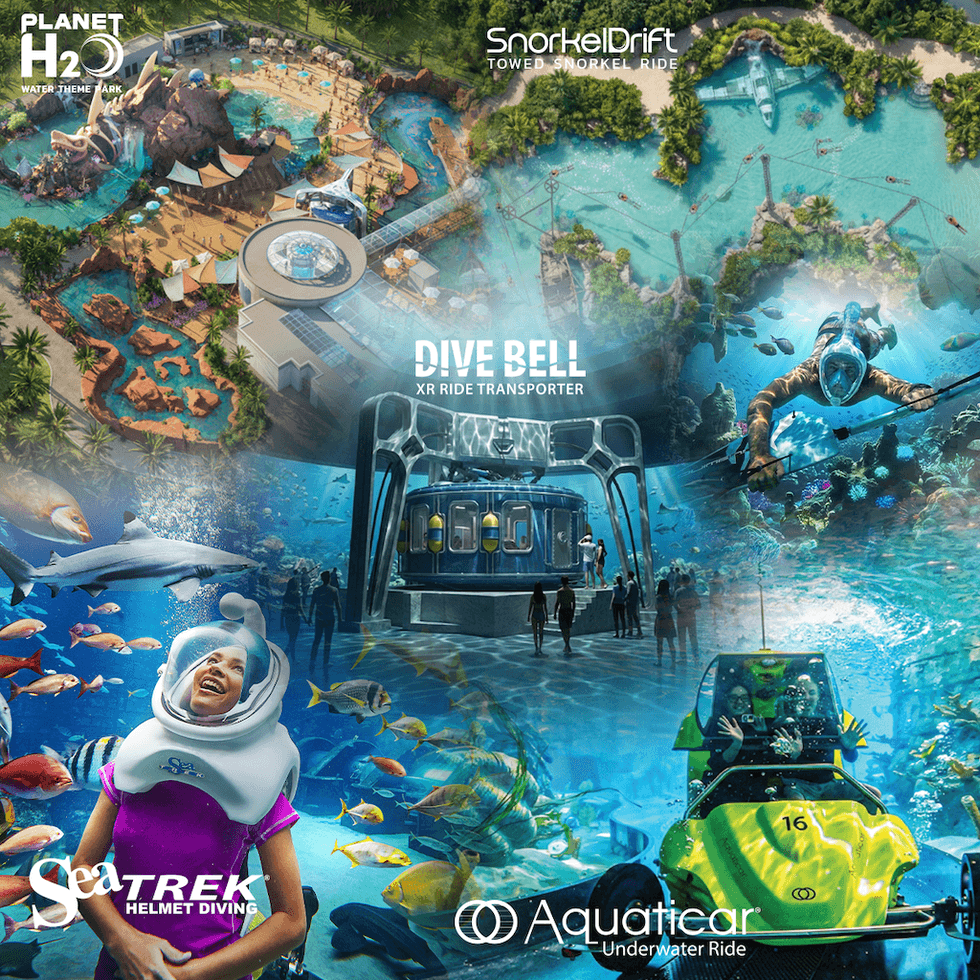 Water theme park attractions: aquatic rides, snorkeling, diving, submarine tour.