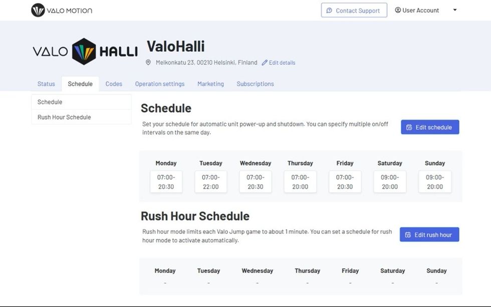 Webpage showing schedule settings for ValoHalli, including regular and rush hour schedules.