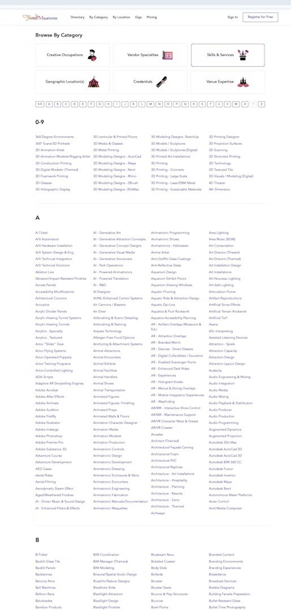 Website categories listed alphabetically for search and browsing.