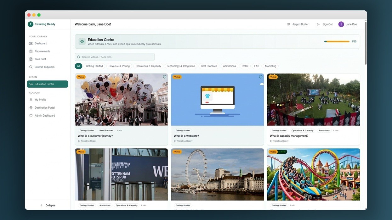 Website dashboard with educational videos and images of places and activities.