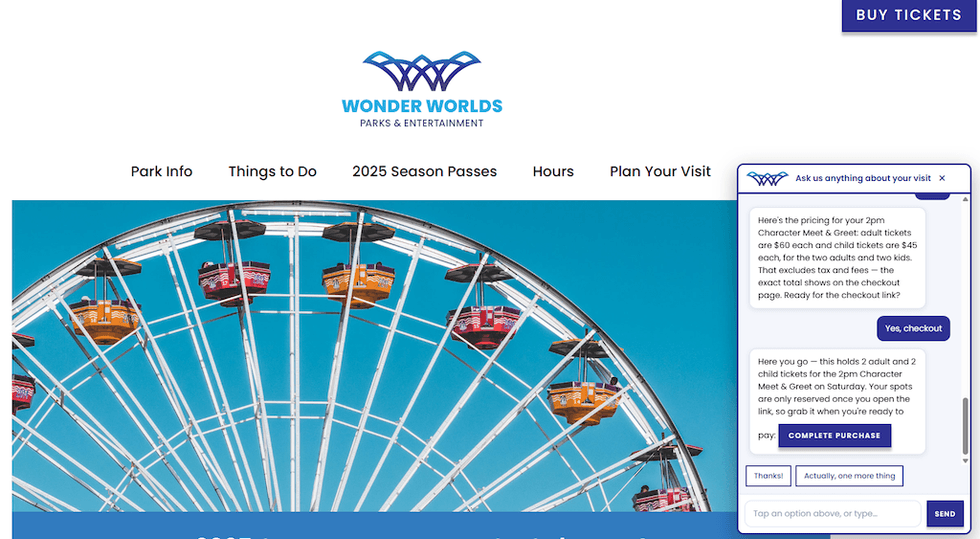 Website for Wonder Worlds theme park, featuring a large Ferris wheel and chat box.