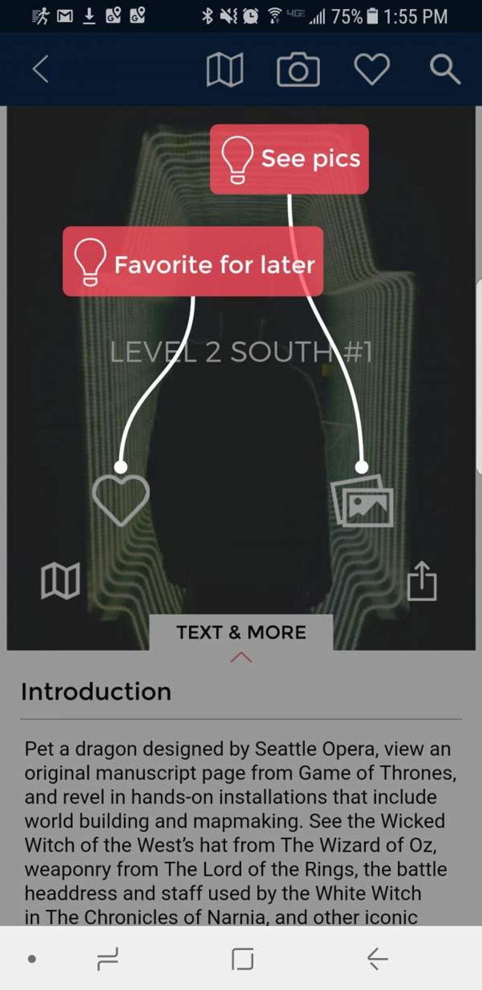 welcome screen on guru museum visitor tour app interface