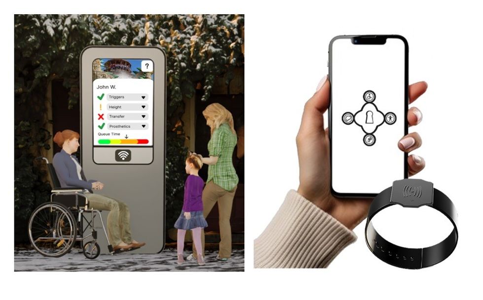 Wheelchair user at info kiosk; hand holds smartphone; black wristband nearby, demoing the AccessPro system