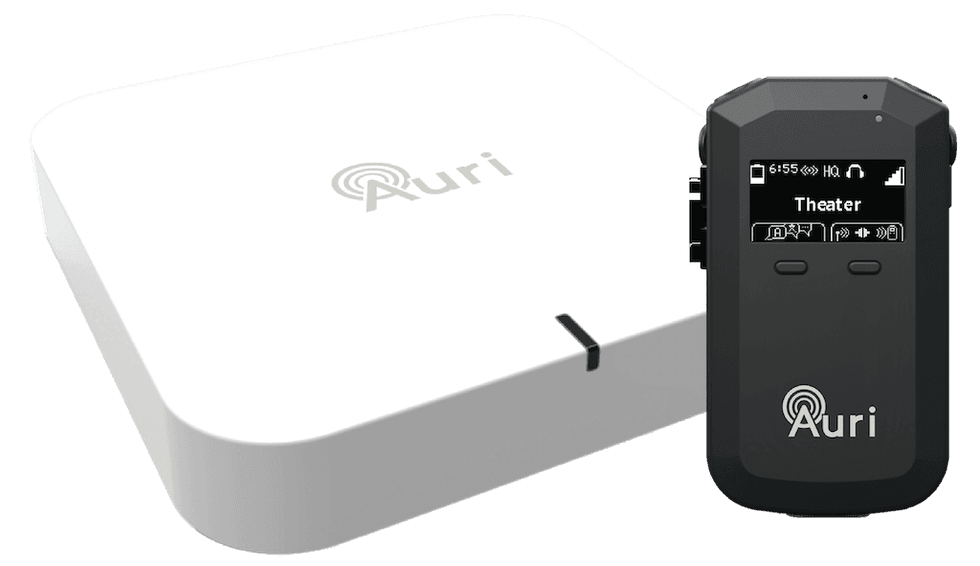 White Auri box and black device with a screen displaying "Theater."