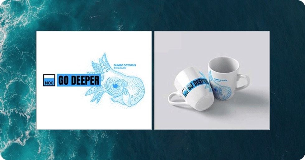 White mugs featuring a Dumbo octopus and "Go Deeper" text on a split ocean backdrop.