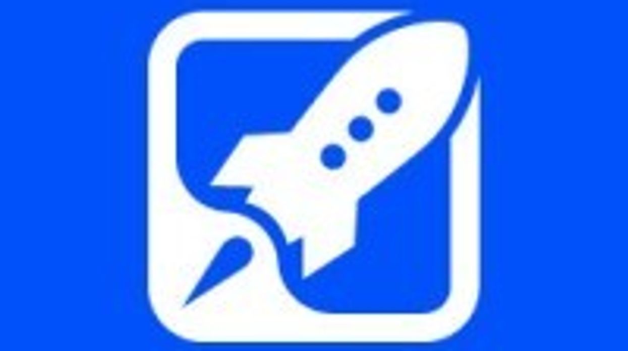 White rocket icon inside a square on a blue background.