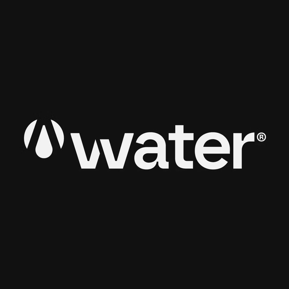 "White 'vwater' logo with teardrop design on a black background."