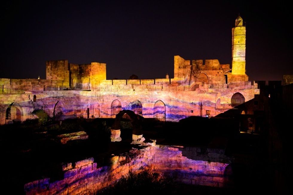 wide shot of toer of david night spectacular jerusalem