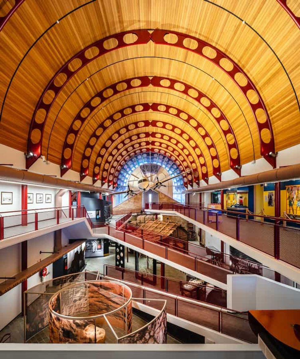 Wide view of interior space with mezzanines