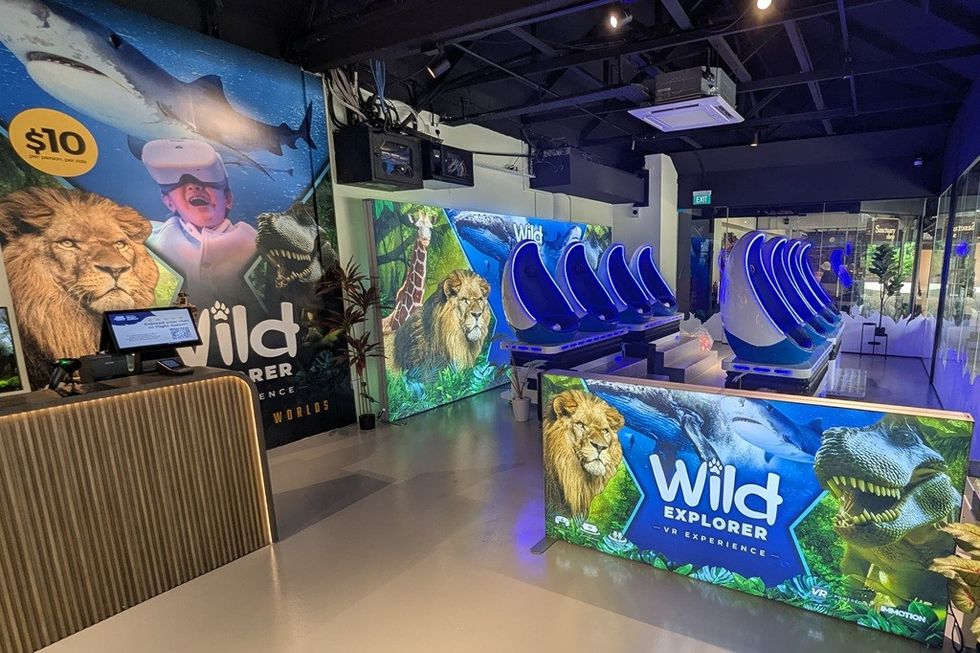 Wild Explorer VR experience with animal-themed seating and colourful wall displays.