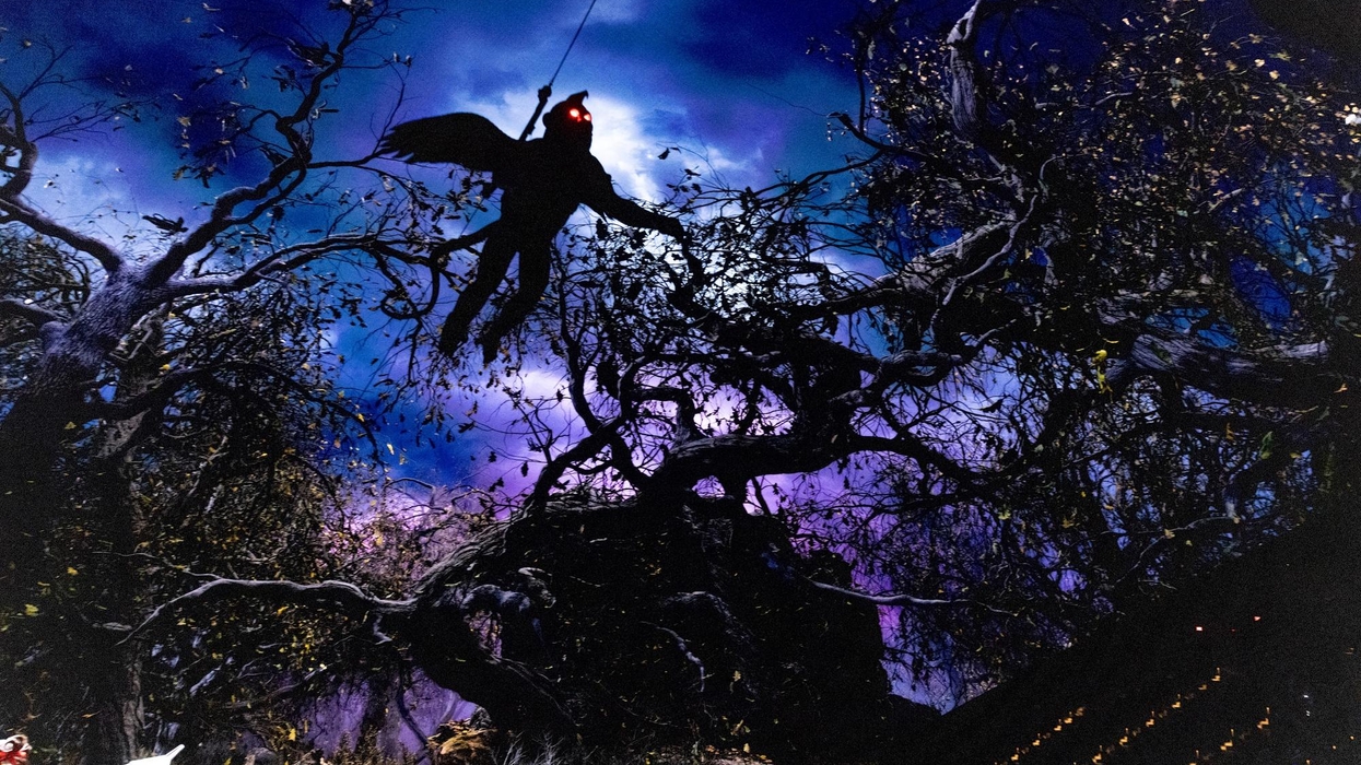 Winged Monkey with glowing eyes hangs among twisted trees against a moody, blue-purple sky