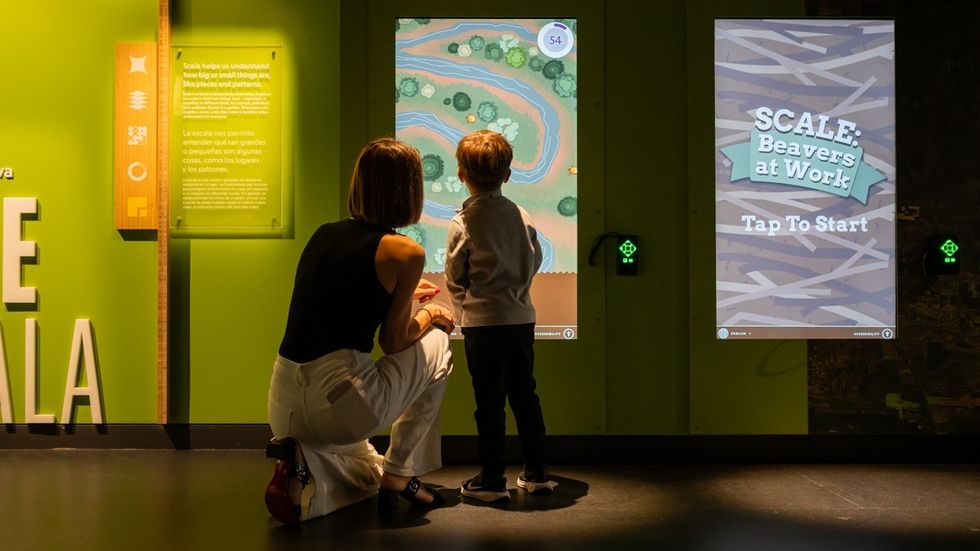 Woman and child interact with a touchscreen display about beavers at a science exhibit in the National Geographic Museum of Exploration