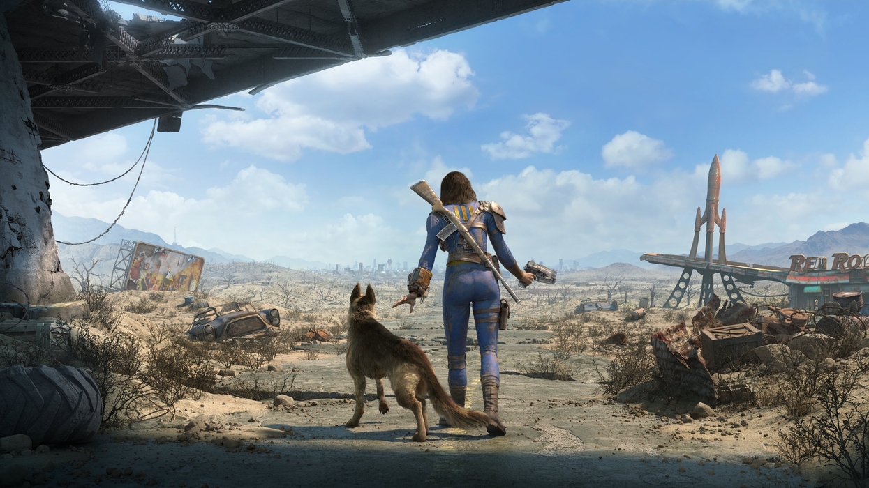 Woman and dog explore a post-apocalyptic desert with scattered debris and a distant city.