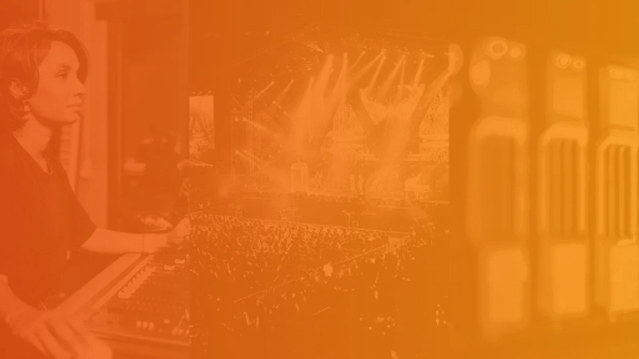 Woman at soundboard, concert stage, and equipment, overlaid with an orange filter.