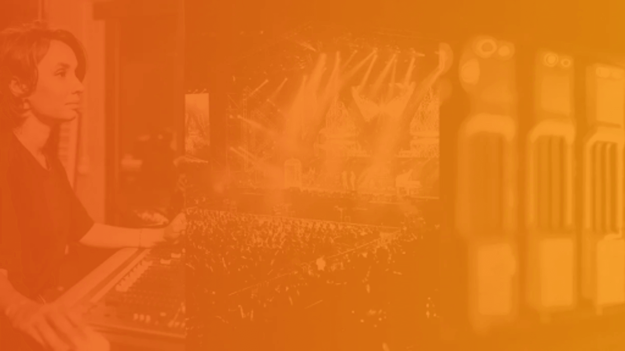 Woman at soundboard, concert stage, and equipment, overlaid with an orange filter.
