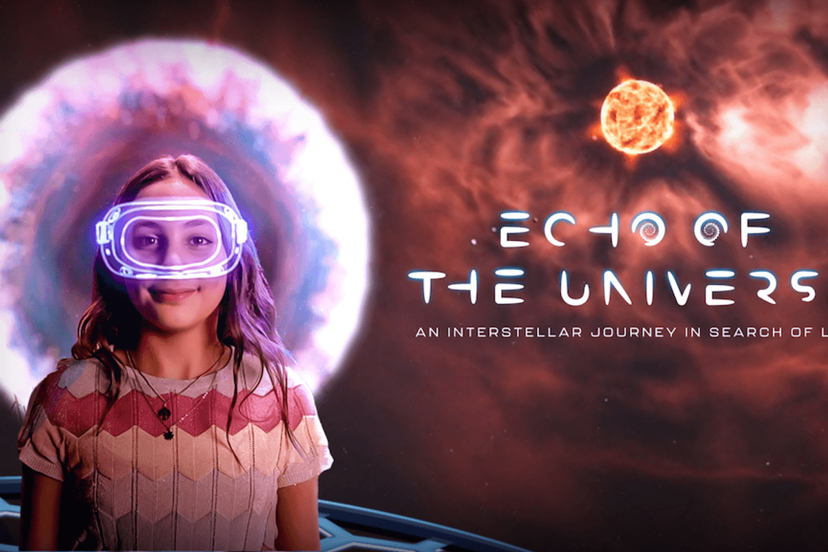 Woman in colorful sweater with digital visor, cosmic background, "Echo of the Universe" text.