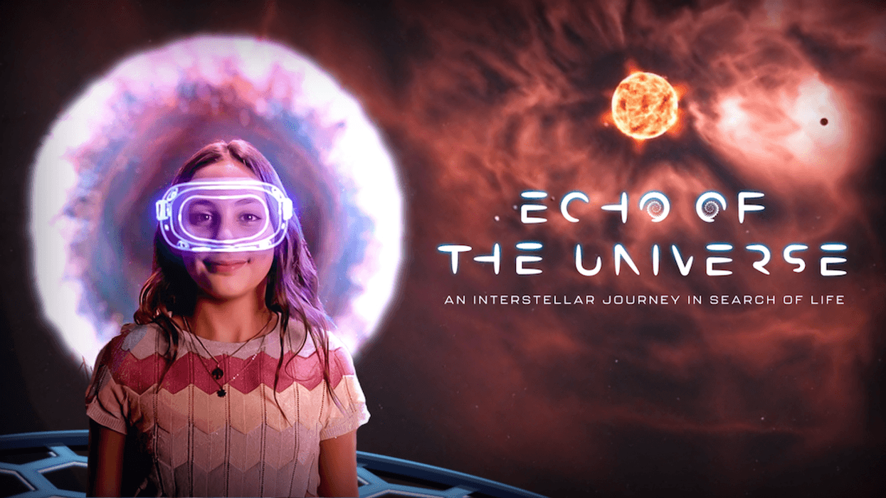 Woman in colorful sweater with digital visor, cosmic background, "Echo of the Universe" text.