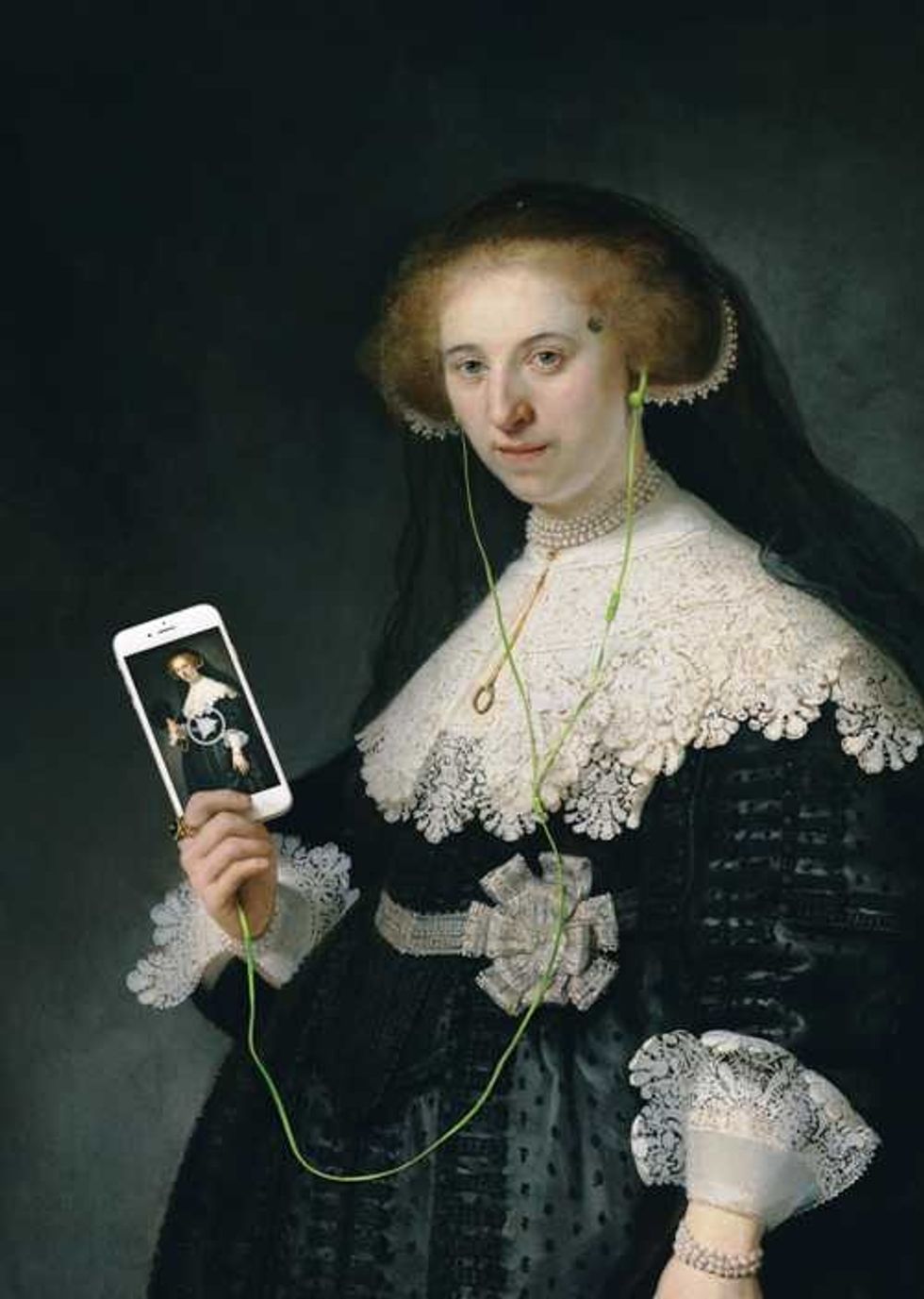 woman in Dutch master painting from rijksmuseum holds smartphone
