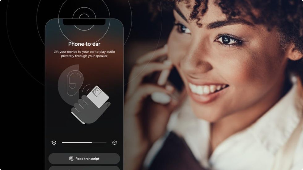 Woman smiling with phone, app displaying "Phone to ear" instructions on screen.