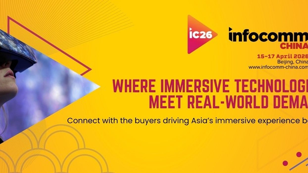 Woman wearing VR headset; InfoComm China 2026 event announcement in yellow and purple design.