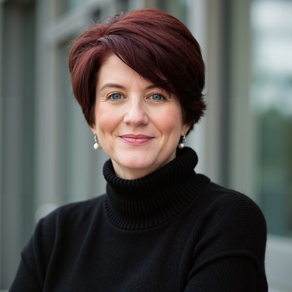 Woman with short red hair in a black turtleneck, smiling outdoors.
