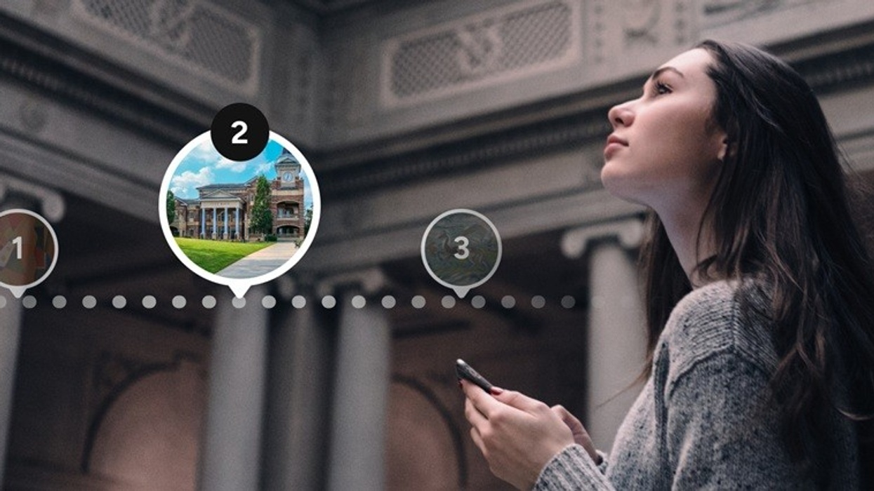 Woman with smartphone in historical building, arrows pointing to a numbered digital interface.