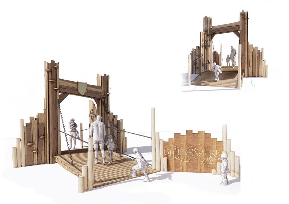 Wooden drawbridge play structure with people interacting.