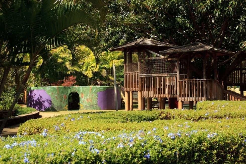 Wooden gazebo in lush garden with purple wall and greenery at Na '\u0100ina Kai Botanical Gardens