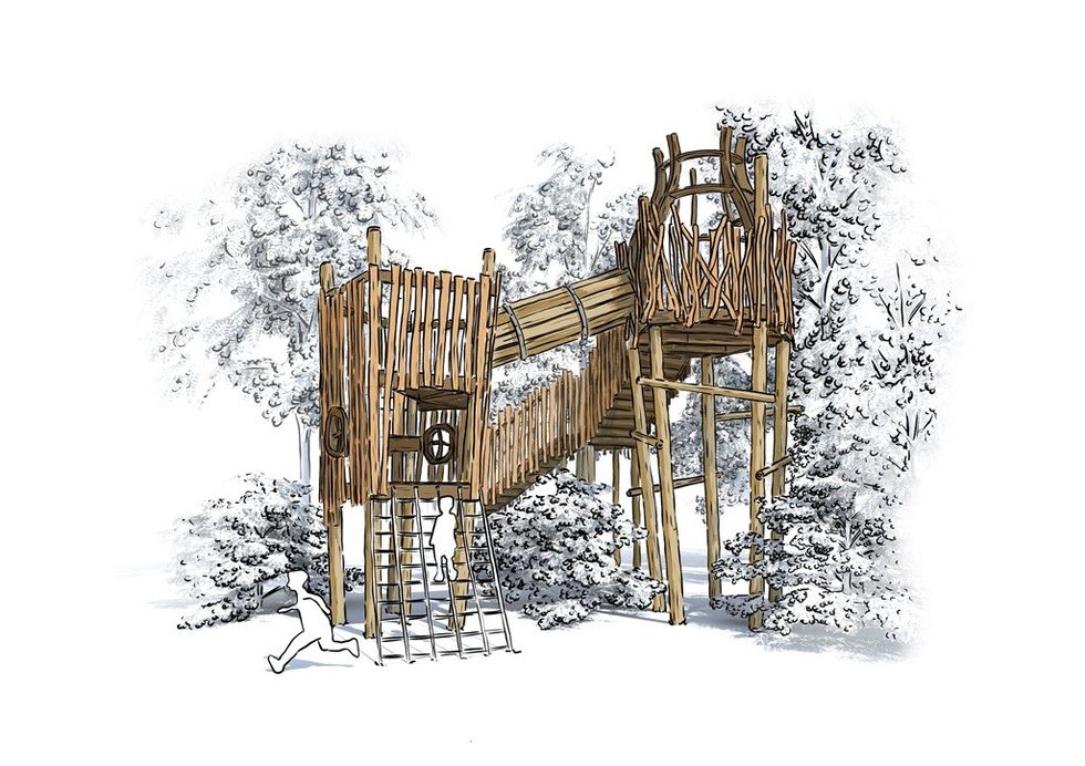 Wooden play structure with slides and ladders, surrounded by snow-covered trees.
