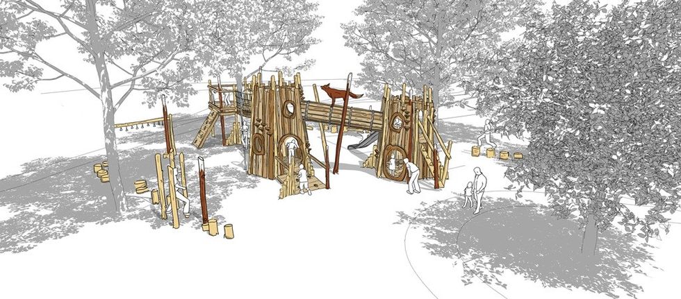 Wooden playground design with slides and climbing structures among trees.