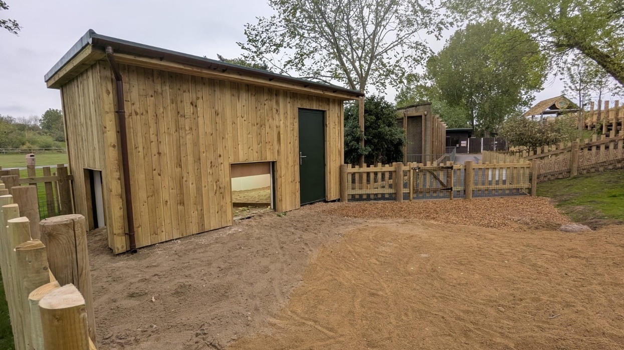Wooden shed in a fenced area at Blackpool Zoo with trees and grass in the background.