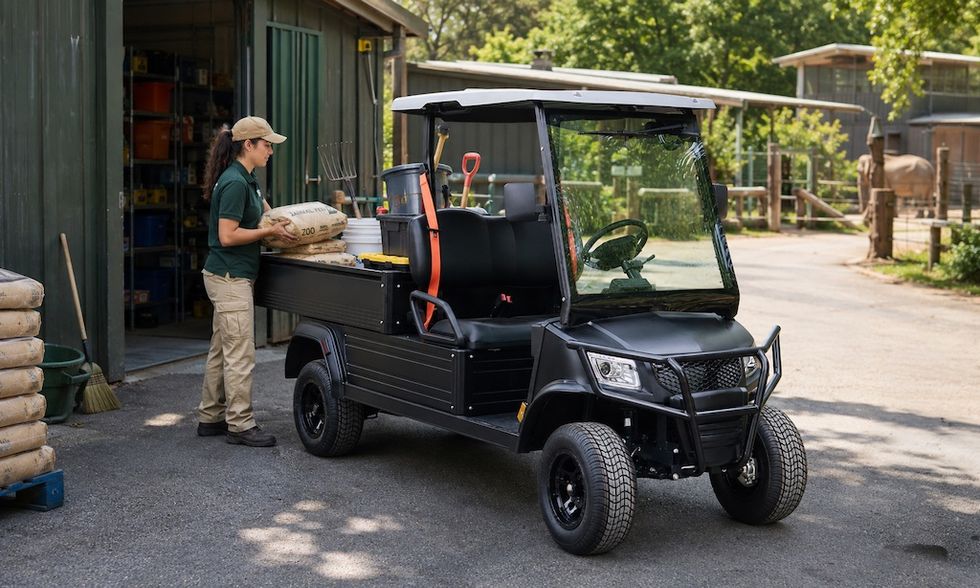 Worker loading bags into utility vehicle near zoo storage building.