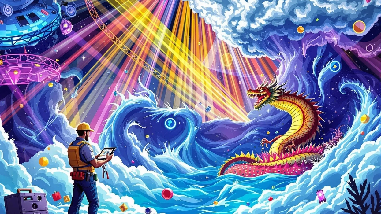 Worker with tablet observes a cosmic scene with a dragon amid swirling waves and lights.