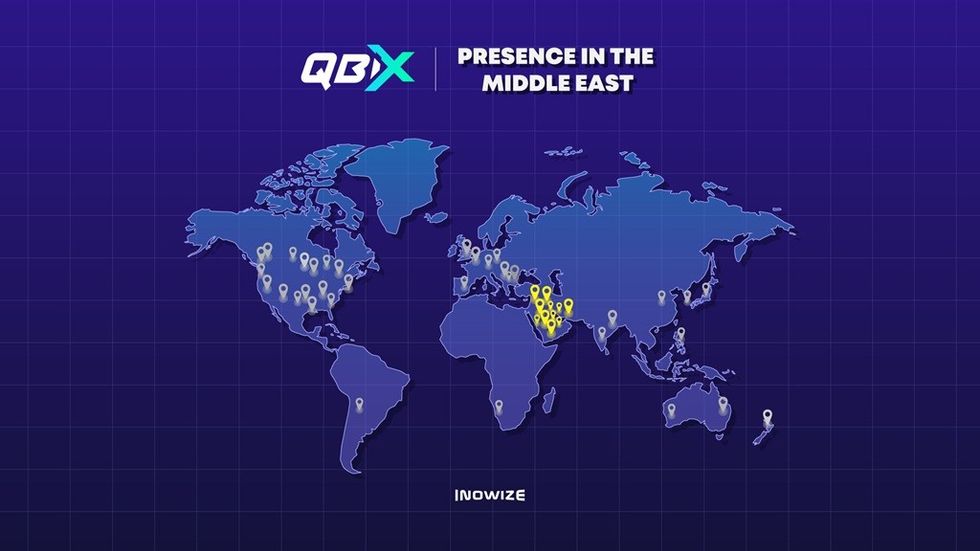 World map highlighting QBX presence in the Middle East with location markers.