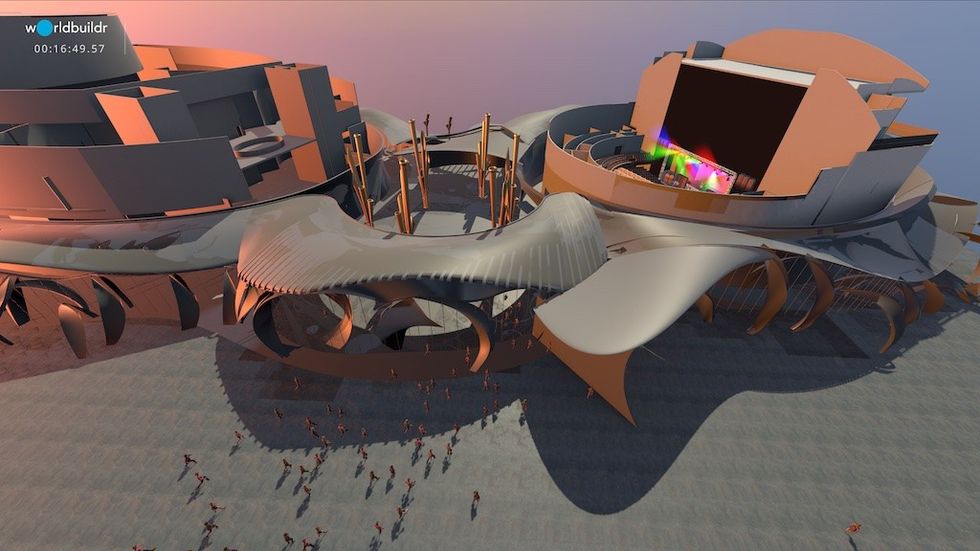 Worldbuildr’s real-time platform enables dynamic simulations, including pulsed audience flow, queue management, show programming, and interactive gameplay. 3D model courtesy of Reveal Studio digital twins