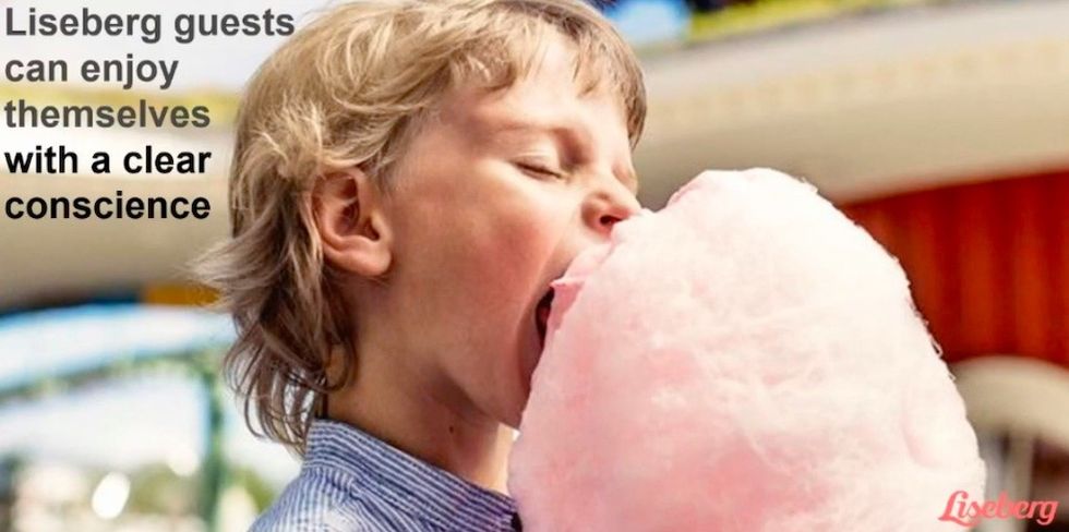 Young boy eats candy floss, text overlay reads 'Liseberg guests can enjoy themselves with a clear conscience'