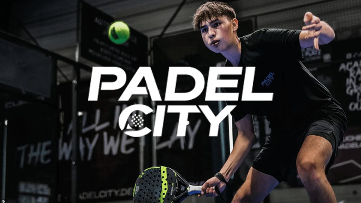 Young man playing padel in action shot; "PADEL CITY" text overlay.