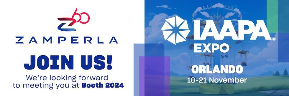 Zamperla booth invite for IAAPA Expo Orlando, 18-21 November 2024.