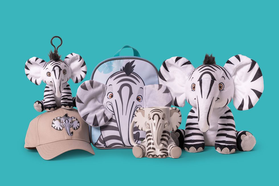 Zebra-striped elephant-themed toys and accessories on a turquoise background.