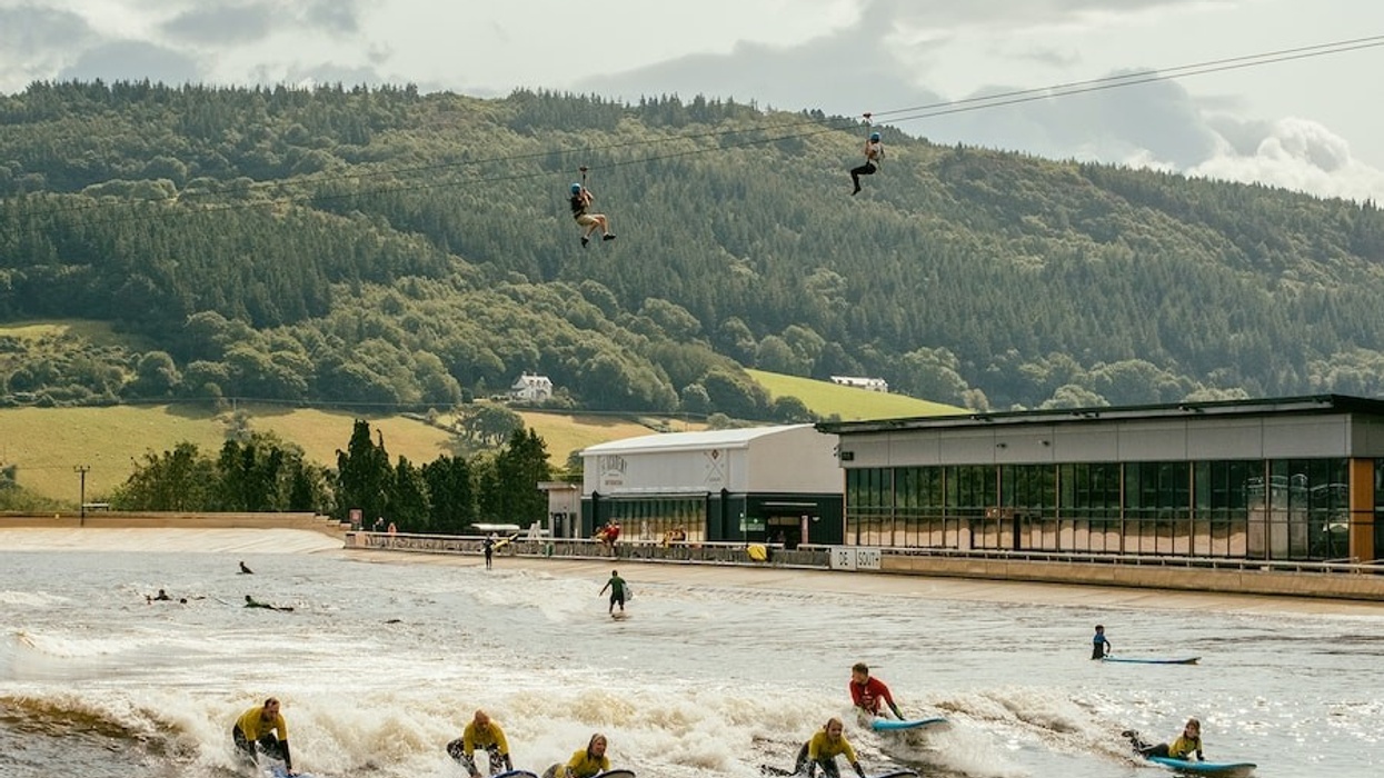 Zip over surfers on man-made waves in North Wales