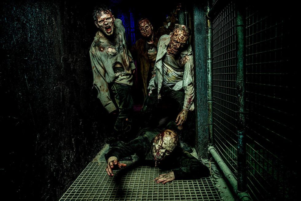 Zombies in a dimly lit corridor, with one crawling on the ground toward the viewer, Traumatica horror event at Europa-Park