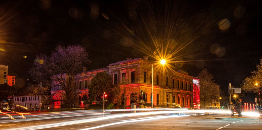 Light trails in front of The Tasmanian Museum and Art Gallery at night