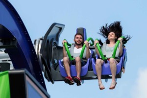 couple on roller coaster at Six Flags over texas