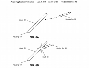 Drawings from Disney's lightsaber patent application. It describes augmenting an appearance of a hilt to simulate a bladed weapon.