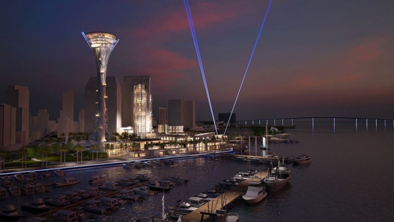 A design rendering of the proposed $1.5 billion Seaport San Diego at night.