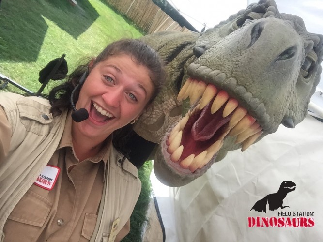 T-Rex puppet and handler at Field Station Dinosaurs