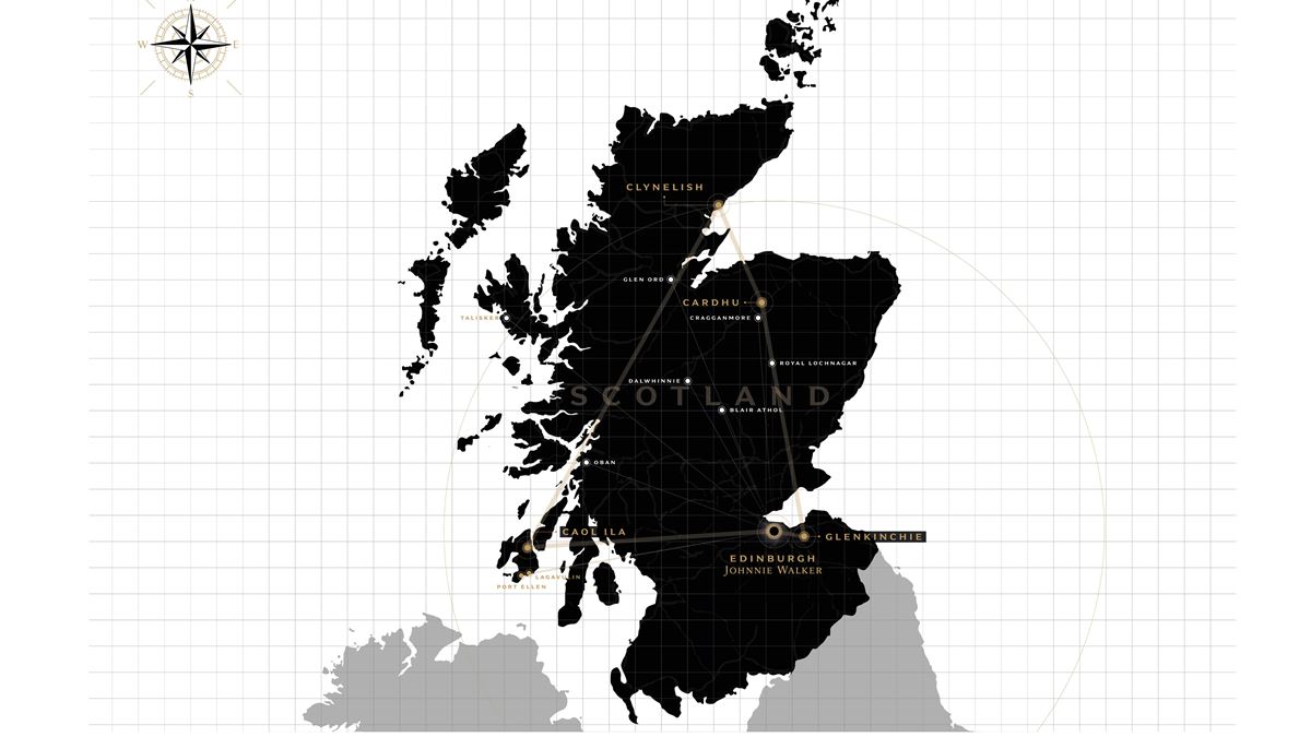 A map of Scotland showing the location of Diageo Scotch whiskey distilleries. 