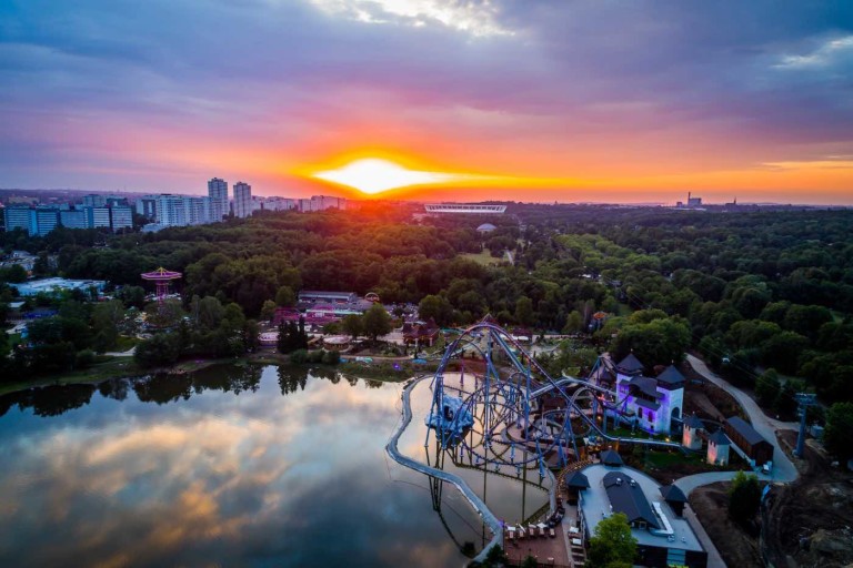 legendia theme park poland aerial view sunset